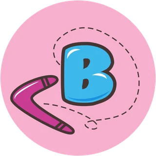 Logo do Boomerang Festas: um B azul e um boomerang rosa sobre um círculo rosa